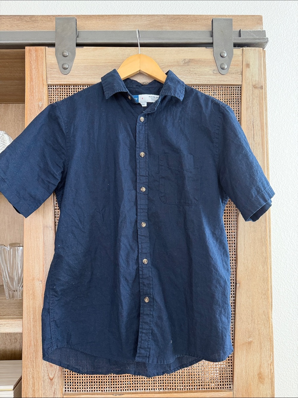 Old Navy Men's Dark Navy Short-Sleeve Button-Down Linen Blend Shirt